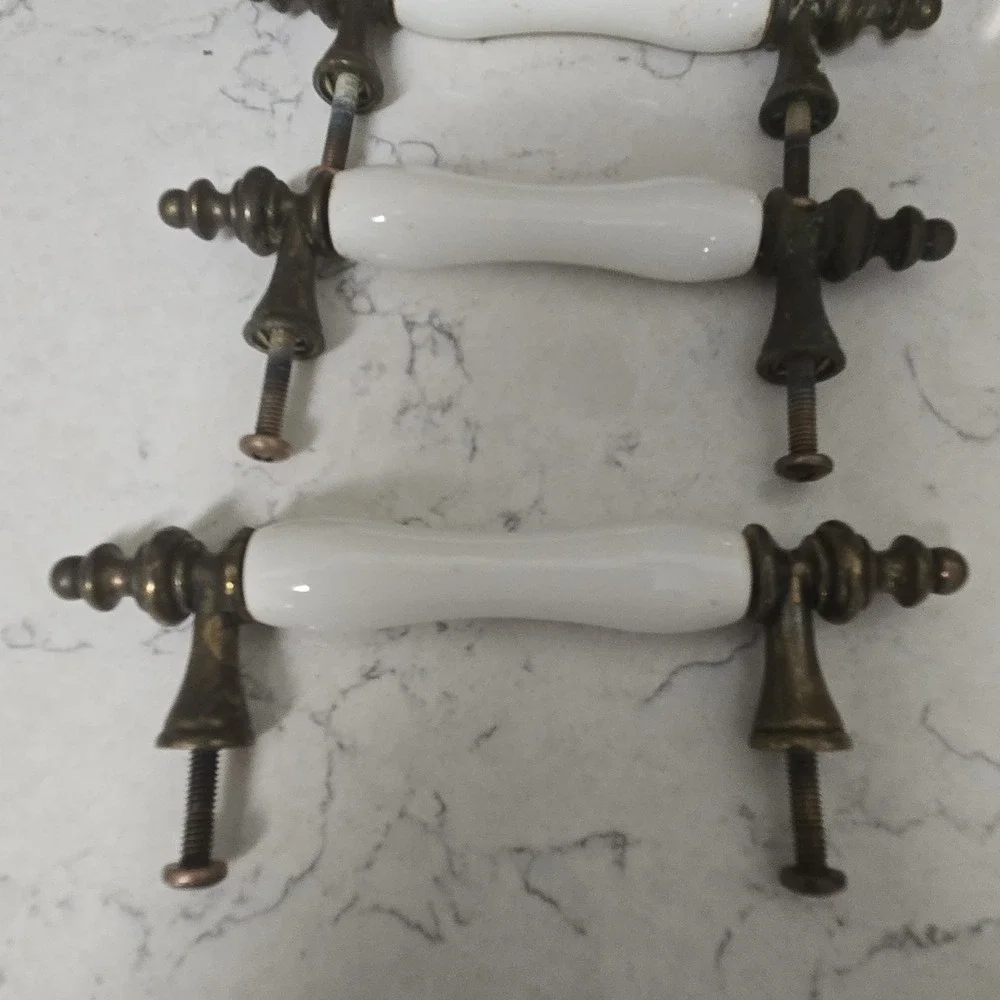 21 Antique White Porcelain & Brass Drawer Pull Cabinet Handles Heavy Patina READ
